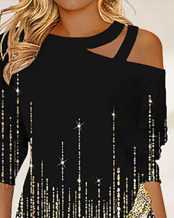 Yipinpay Woman Blouses Shirt Asymmetrical Hem Cold Shoulder Print Top T-Shirts Pullover Tops Autumn Winter New Fashion Casual